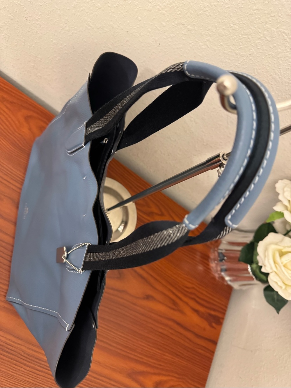 Coach Blue Leather Tote with Navy Striped Handles - Picture 15 of 16